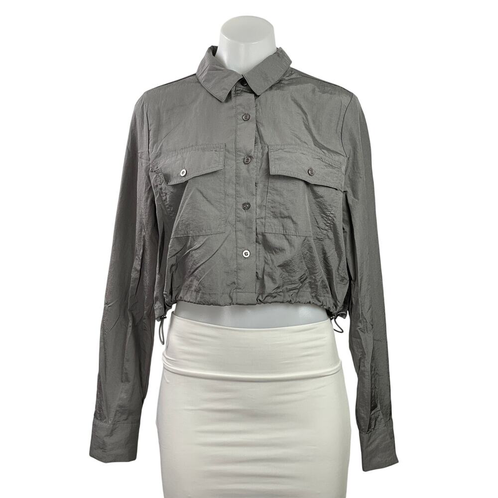 Forever 21 Women's Gray Tie Hem Long Sleeve Cropped Button Down Shirt Top Size S